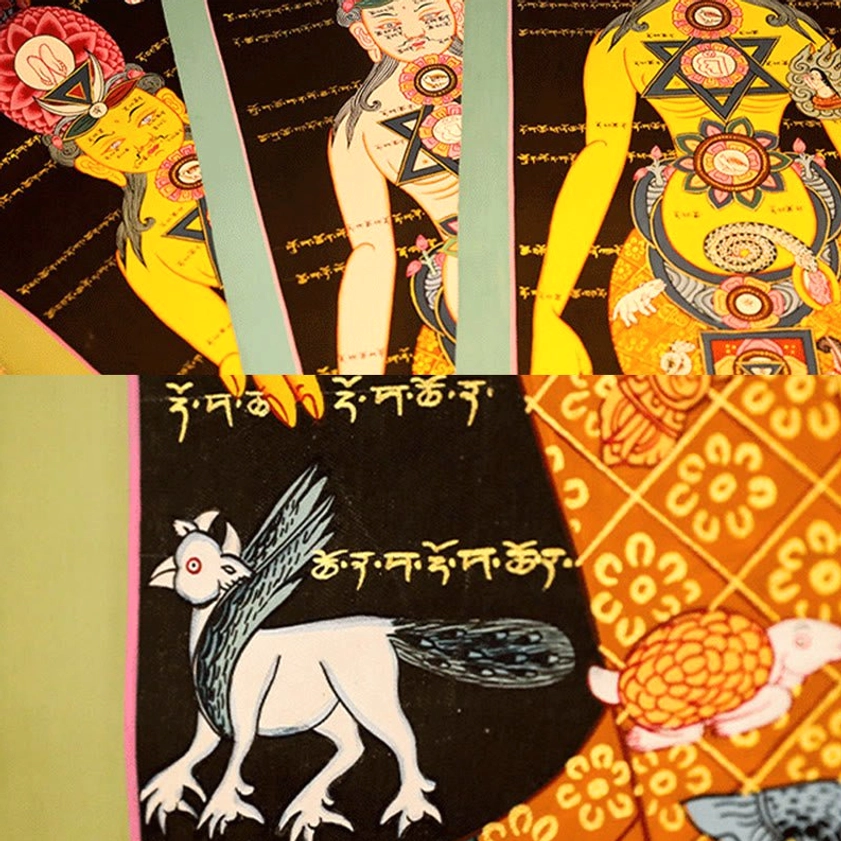 Detailed thangka motif close-up showing winged mythical beast orange patterned background Tibetan sacred symbols