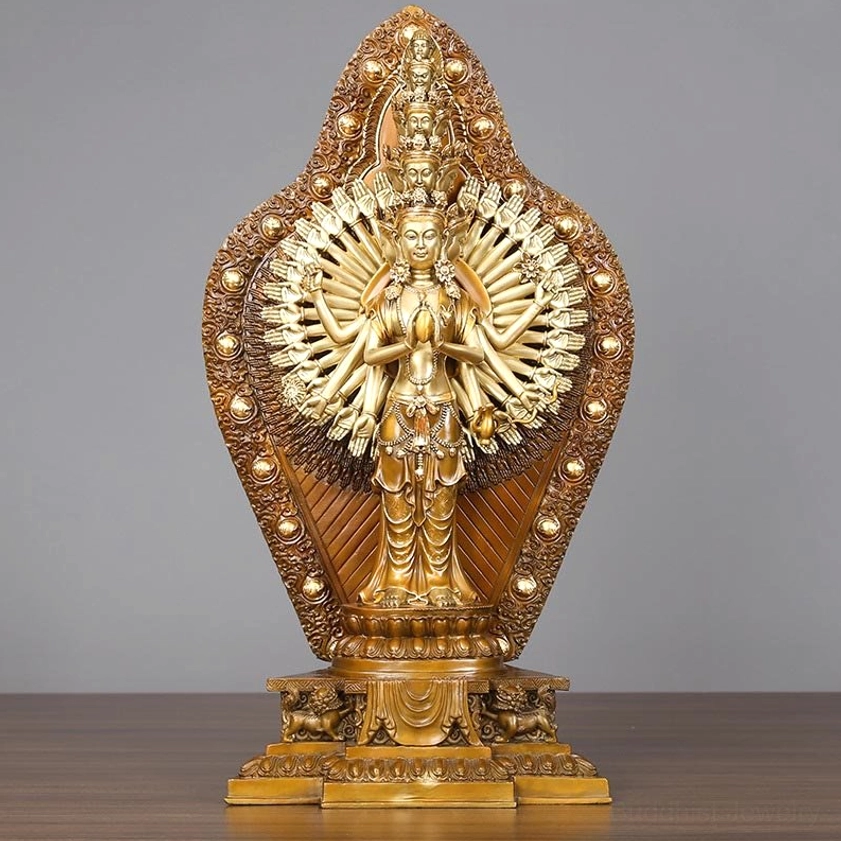 Thousand-armed Avalokitesvara bronze statue comprehensive detail showing thousand-hand mandala backdrop and craftsmanship
