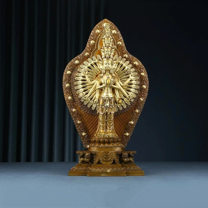 Thousand-armed Avalokitesvara bronze statue front view with ornate thousand-hand backdrop and decorative pedestal