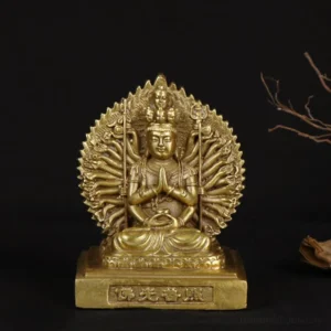 Thousand-armed Avalokitesvara copper statue front view with antique brass finish and blessing base engraving