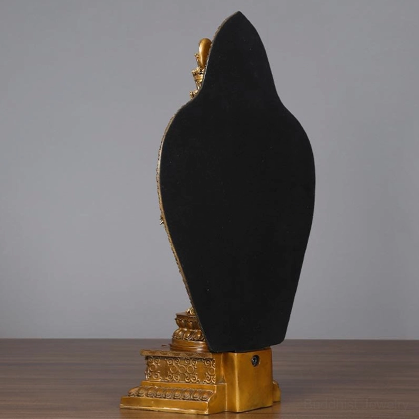 Thousand-armed Guan Yin statue rear view with black flocking backboard and bronze carved decorative base