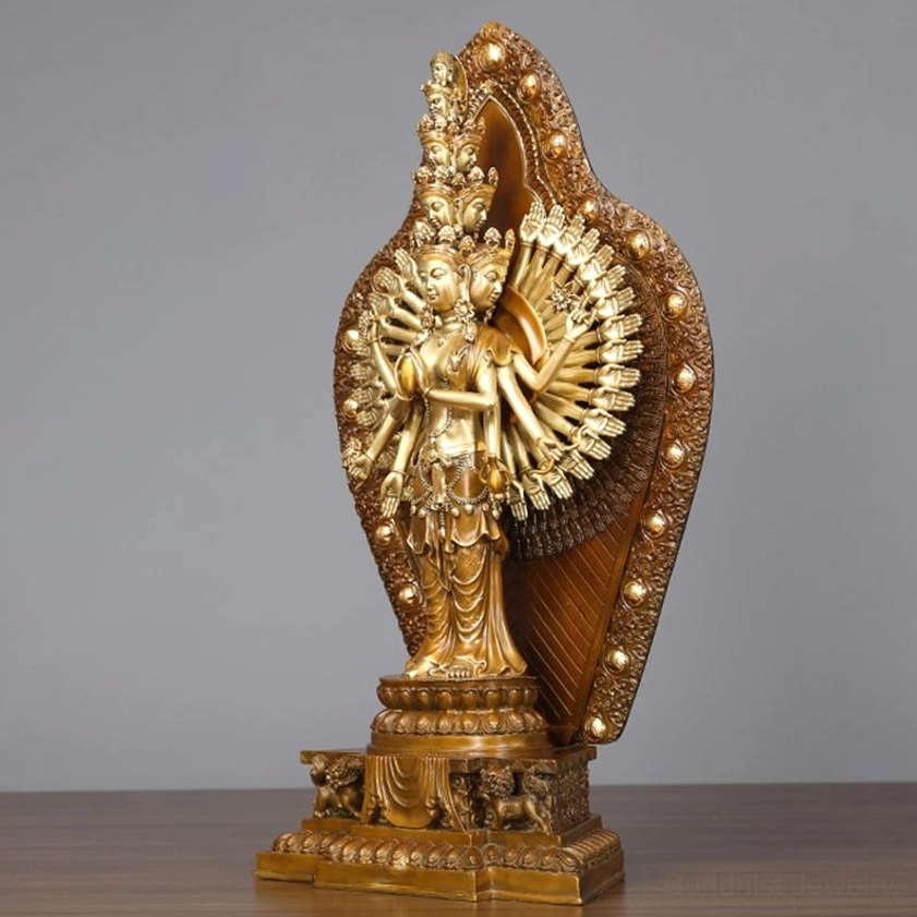 Thousand-hand Avalokitesvara bronze statue three-quarter left view with carved foo dog lion base guardians