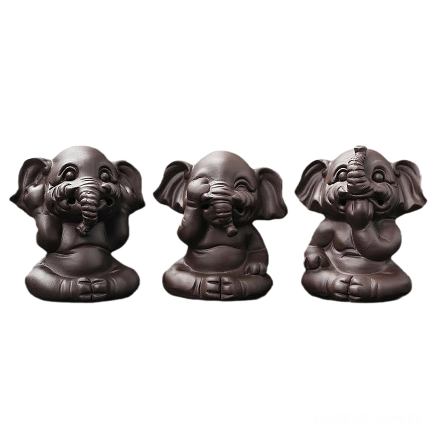 Three individual handcrafted elephant incense burner figurines showing different wise mudra poses on dark background plain display
