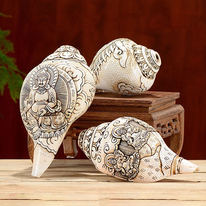 Three Hand-Engraved Buddhist Conch Shell Sculptures with Black Religious Deity Carvings on Wooden Display Stands