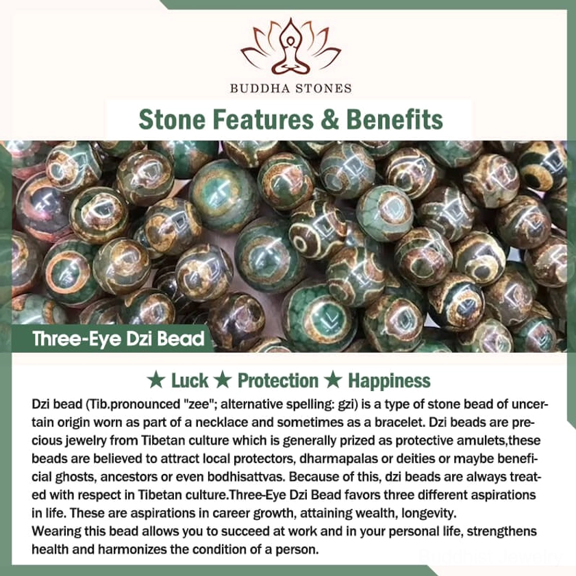 Three-eye dzi bead informational poster showing sacred symbol samples and spiritual benefits for luck protection prosperity