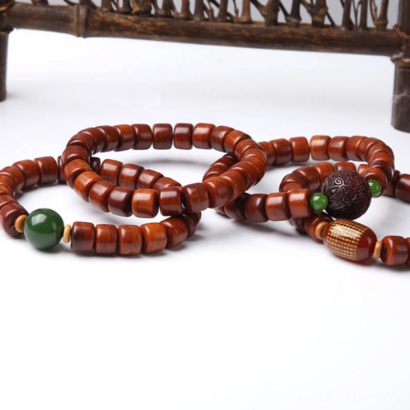 Three-eyed Dzi bead bone bracelet elastic cord handmade Buddhist spiritual accessory