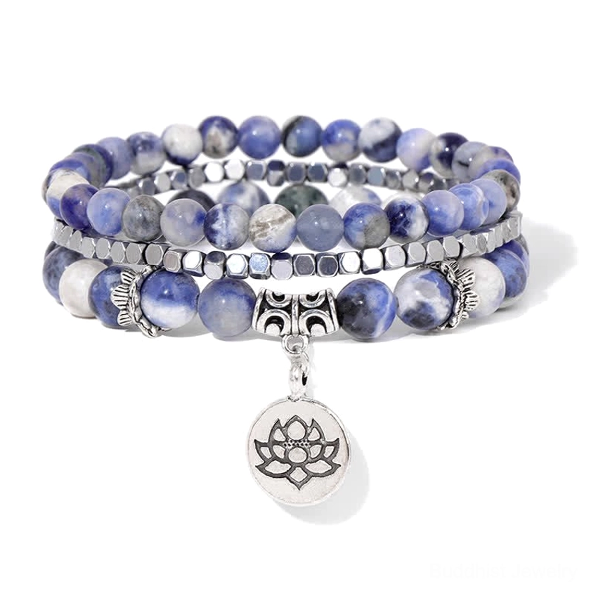 Complete three-piece lotus enlightenment beaded bracelet collection display