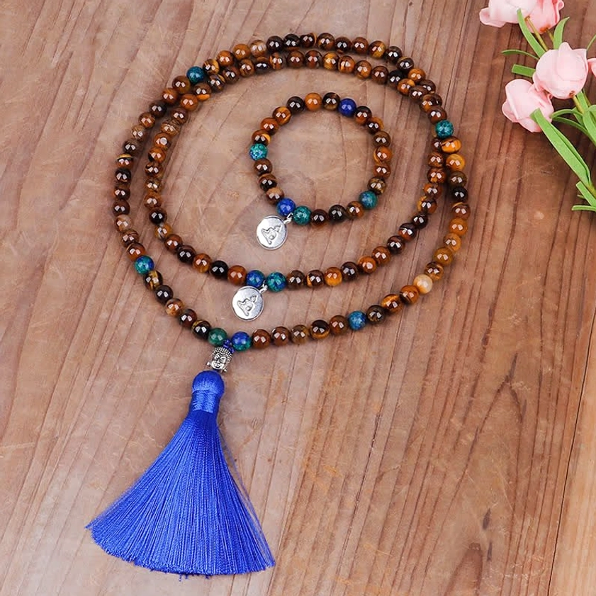 Three-strand tiger eye mala bead set with blue tassel and Buddha charm