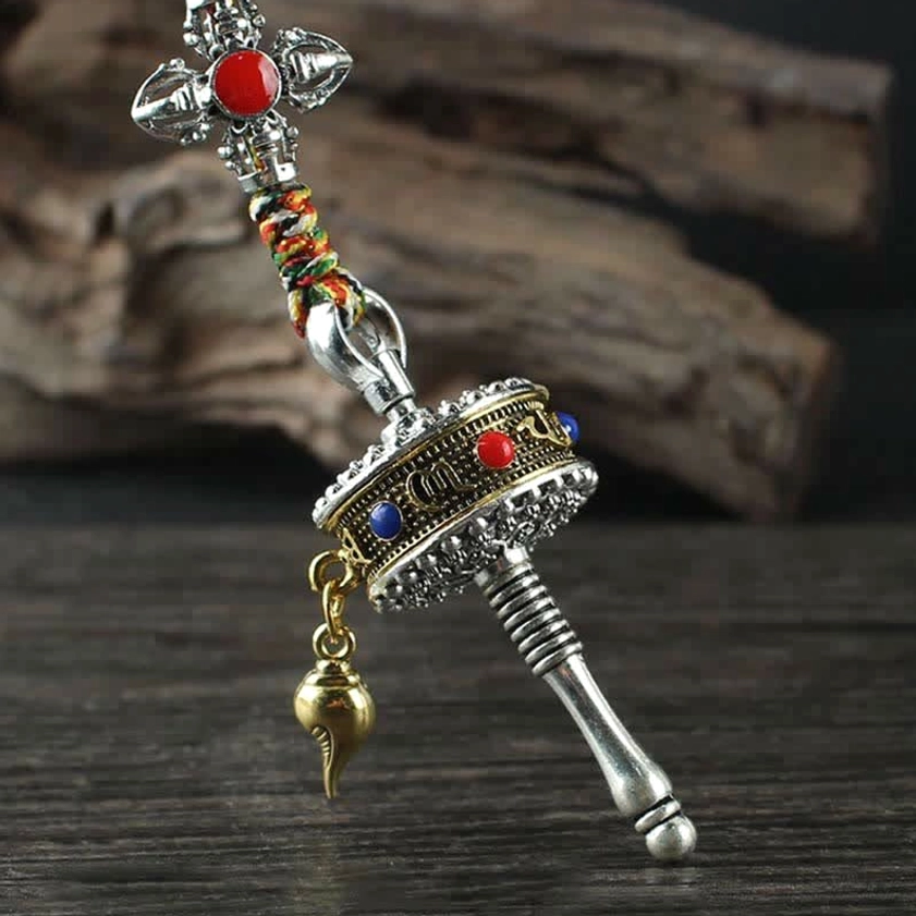 Tibetan Buddhist prayer wheel pendant with lotus and vajra symbols - enlightenment and wisdom ornament