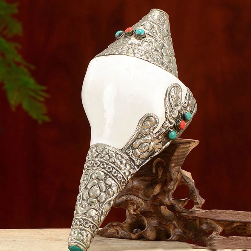 Authentic Tibetan Buddhist shankha conch decoration with gemstone accents for home altar and spiritual practice