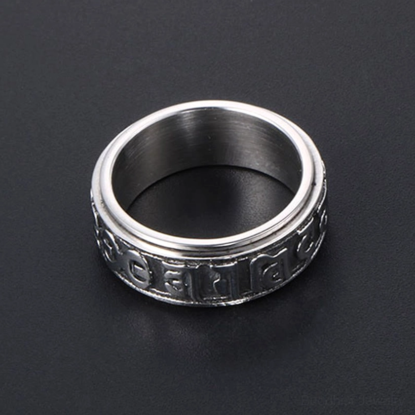 Titanium steel spinner ring with polished silver finish and Sanskrit mantra engravings, flat top-down view