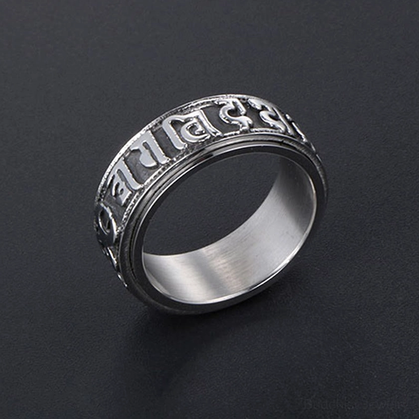 Tibetan Om Mani Padme Hum titanium steel ring showing durability and premium quality