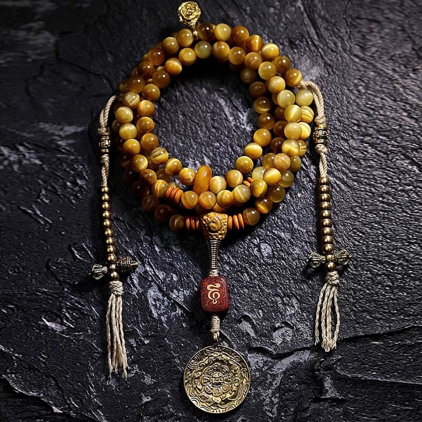 Tiger Eye 108 Mala Beads with Copper Vajra Charm - complete meditation and protection bracelet set