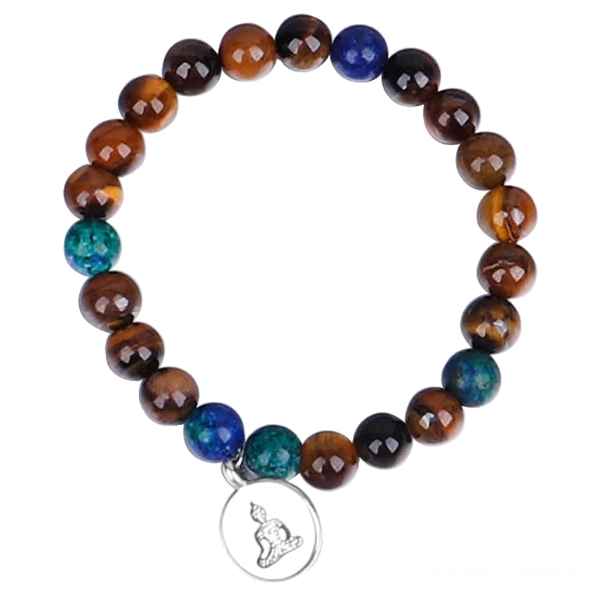 Single strand tiger eye gemstone bracelet with Buddha charm and blue beads
