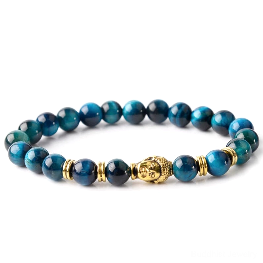Full view of tiger eye Buddha bracelet - complete bead strand with gold Buddha spacers