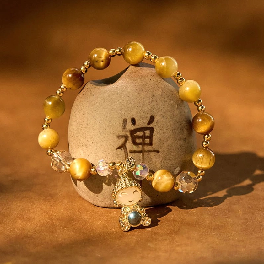 Tiger eye Buddha bracelet with Chan meditation ceramic featuring gilded pendant and natural gemstones