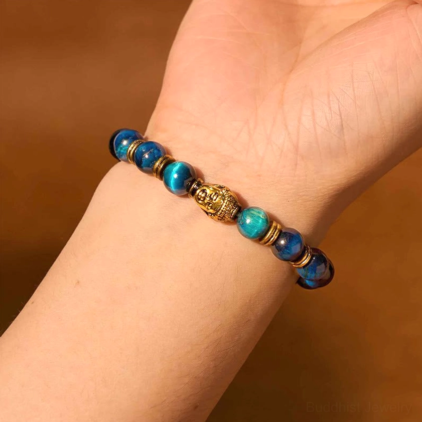 Tiger Eye Buddha Bracelet Worn on Wrist – Side View Close-Up