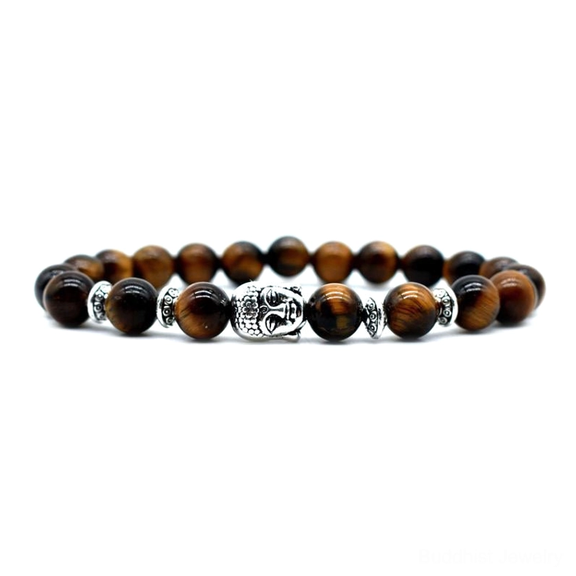 Tiger eye Buddhist healing bracelet with golden brown striped beads and silver Buddha charm for clarity and courage
