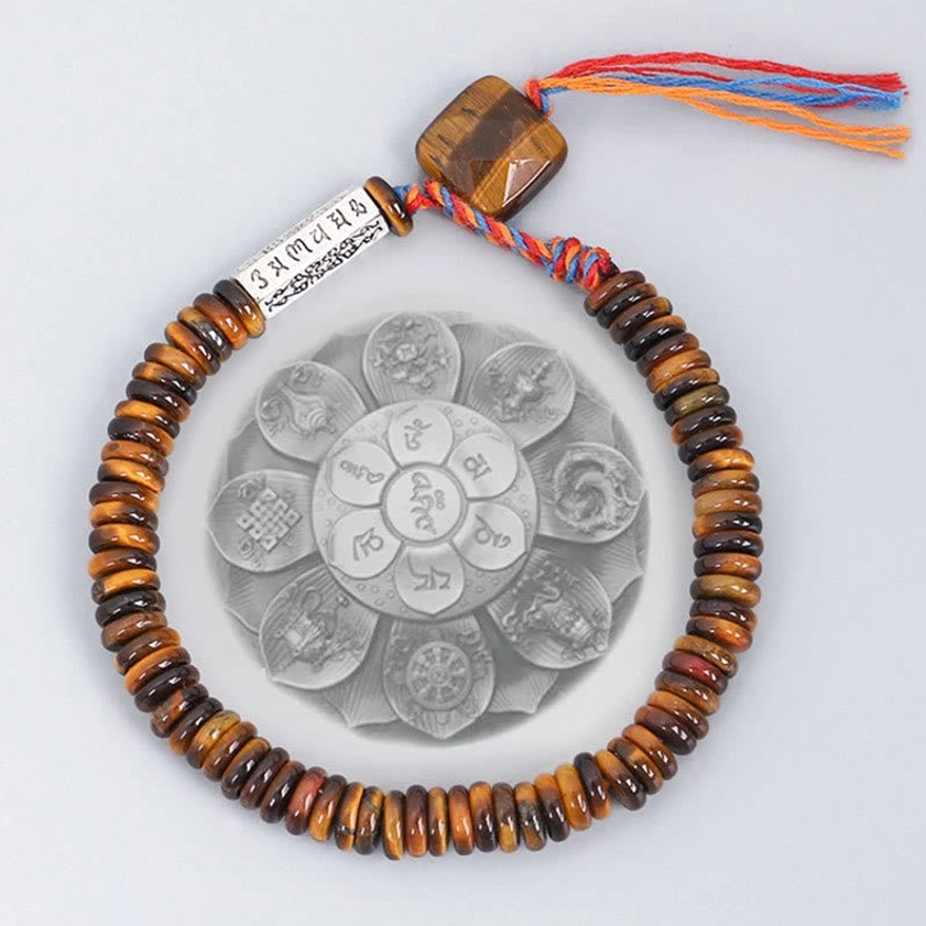 Tibetan Buddhist om mani padme hum tiger eye bracelet with square pendant and colorful tassel on mandala backdrop