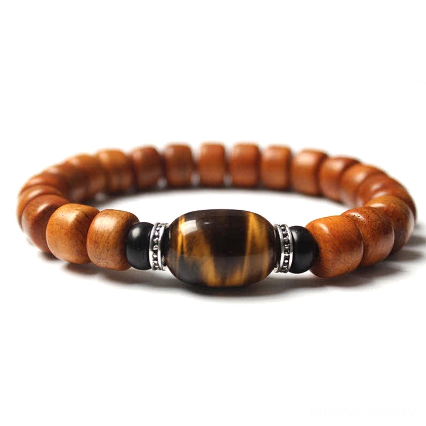 Tiger Eye Buddhist bracelet for protection and courage, golden-brown stone beads with metal accents