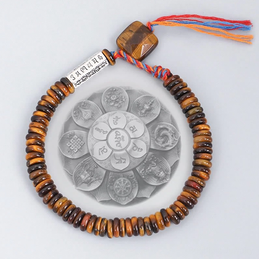 Natural tiger eye Buddhist jewelry gift featuring om mani padme hum sacred mantra symbolism