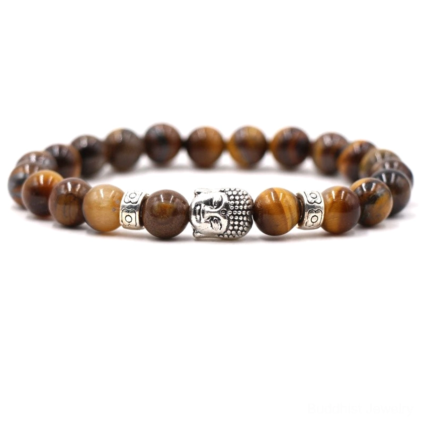Tiger eye stone bracelet with Buddha charm, brown striped natural beads, protection courage bracelet