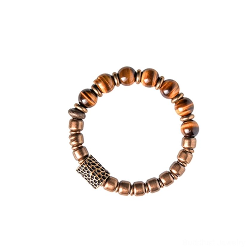 Tiger eye stone and copper bracelet with natural gemstone variations and handcrafted details, product close-up