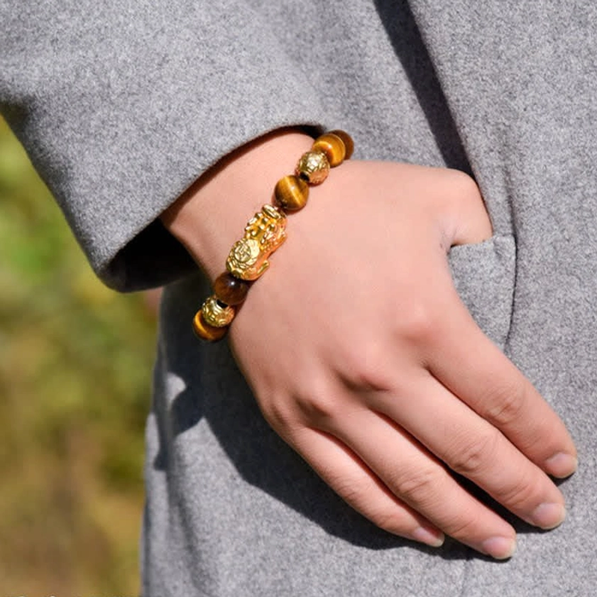 Tiger eye beads with Fu character and Pixiu charm, blessing bracelet