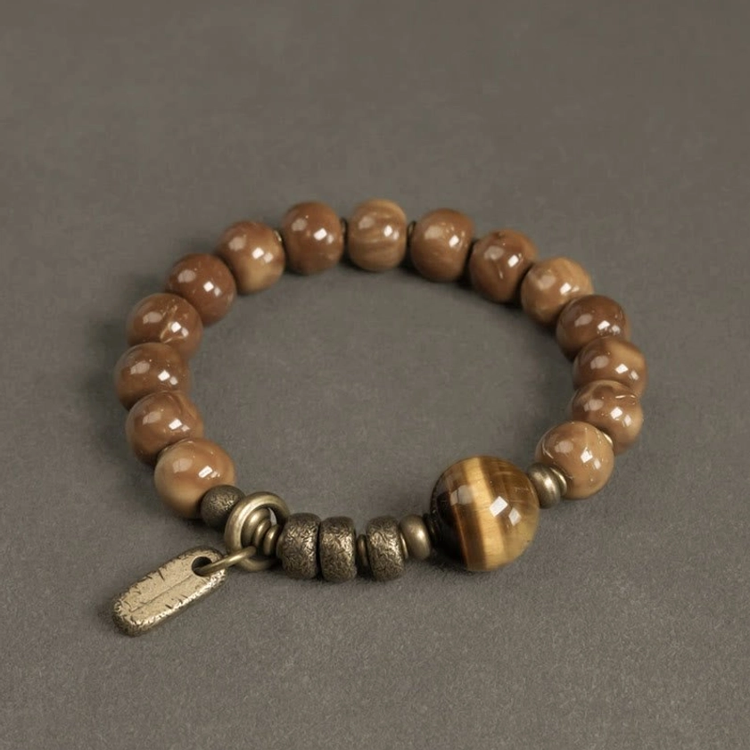 Tiger eye kuka seed Buddhist bracelet with brass accents flat lay display