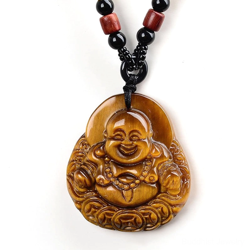 Tiger's eye Laughing Buddha pendant frontal view displaying detailed smiling Buddha carving and stone texture
