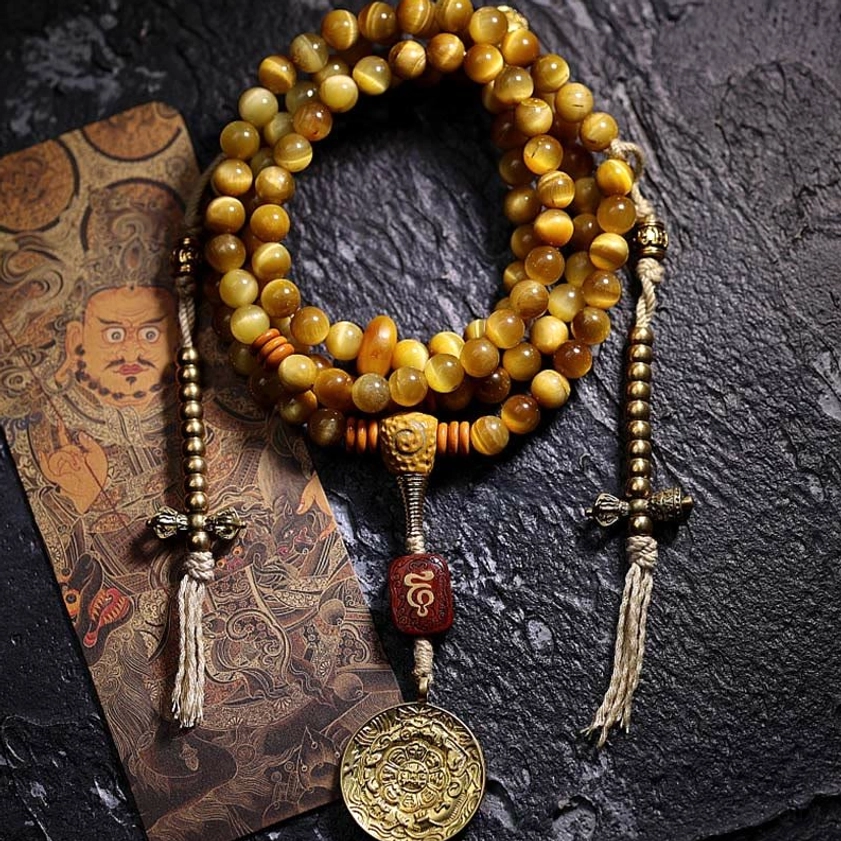Tiger Eye Mala 6mm with Nine Palaces Eight Diagrams and Copper Dorje - premium variation