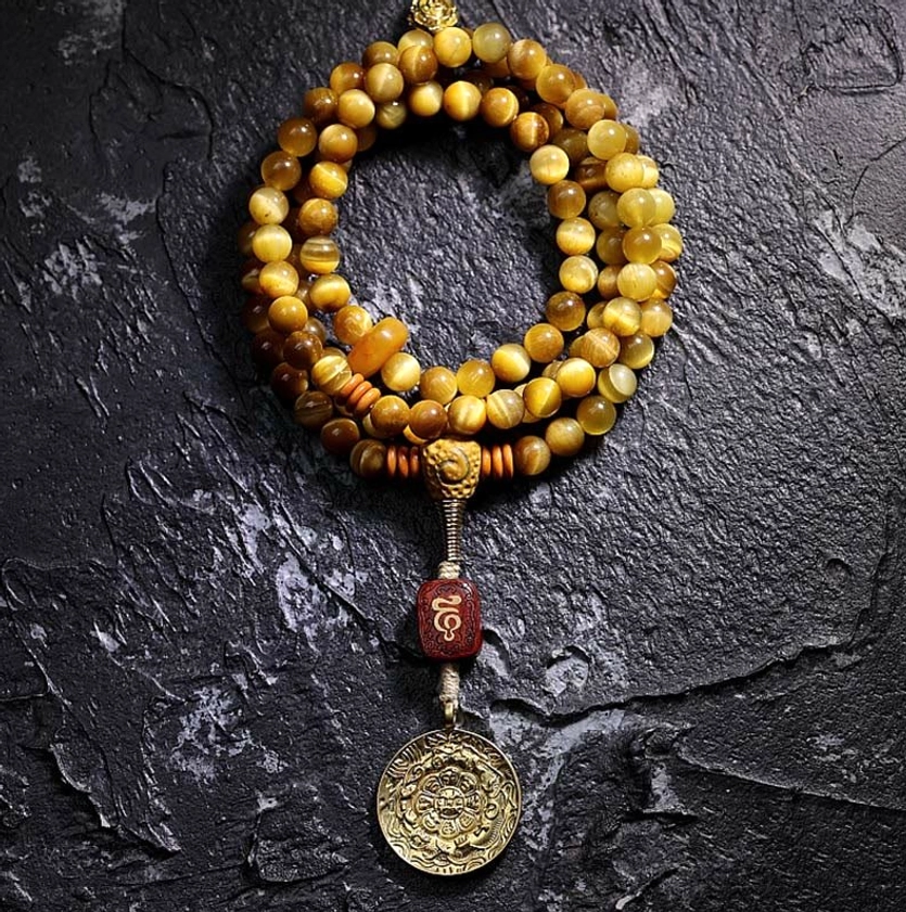 Tiger Eye Mala 8mm Nine Palaces Eight Diagrams without Copper Dorje - traditional Buddhist design