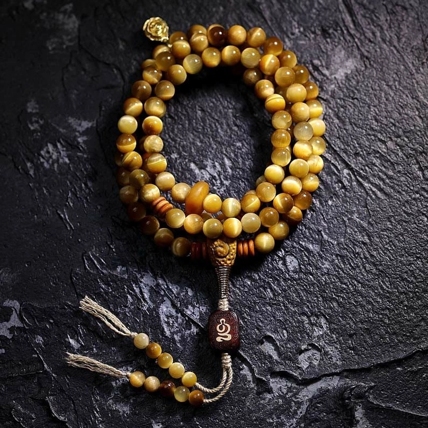 Tiger Eye Mala 8mm without Copper Dorje - elegant meditation bracelet with protective energy