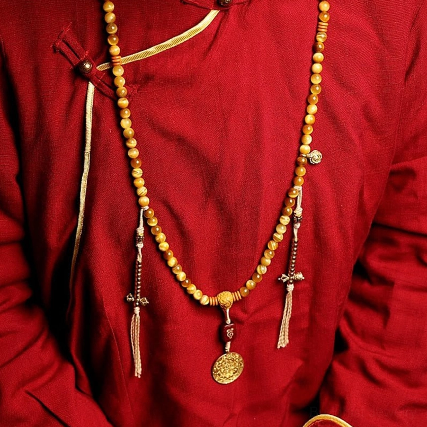 Tiger Eye 108 Mala Beads Bracelet with Copper Dorje - alternative angle showing bead texture and quality