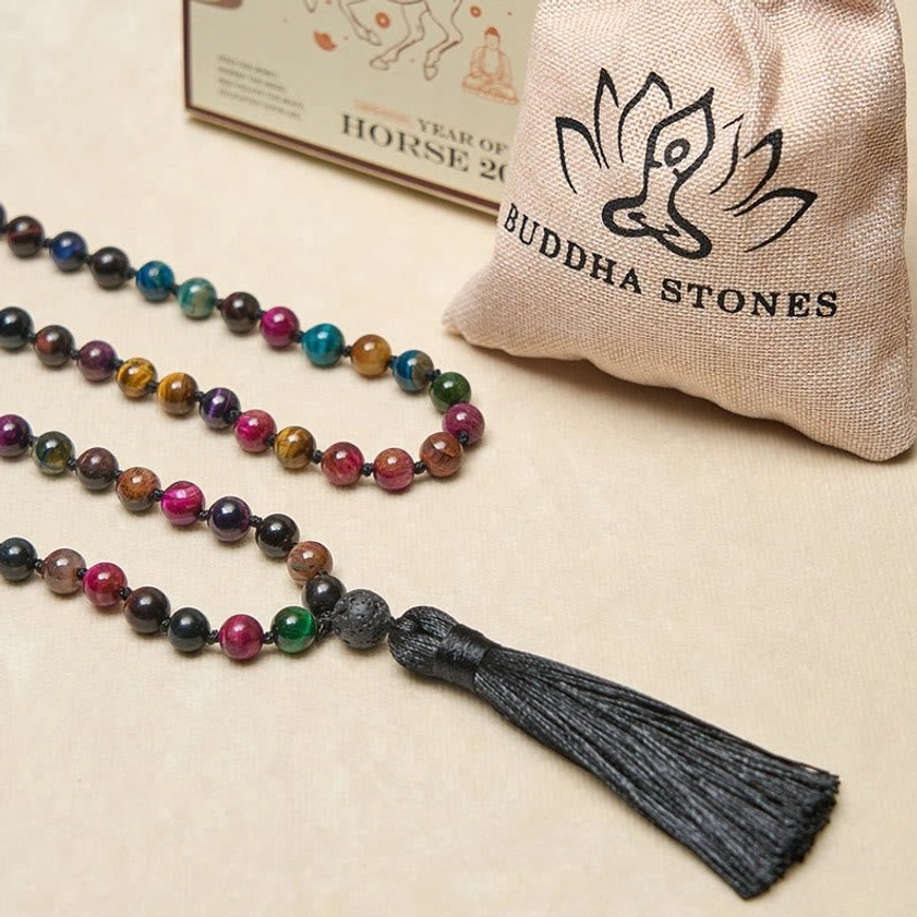 Multicolor tiger eye mala with black tassel gift box and linen pouch packaging