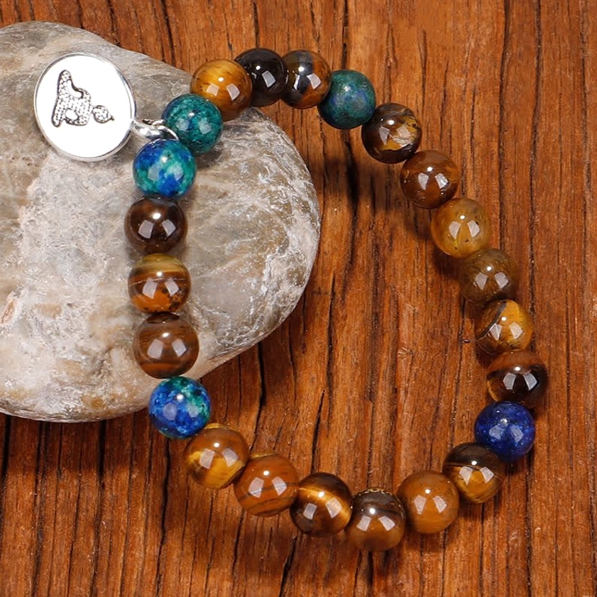 Tiger eye mala necklace with blue gemstone beads and Buddha charm