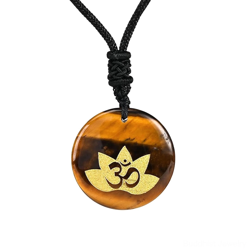 Tiger Eye OM Lotus pendant necklace - golden-brown protective stone with black braided cord and gold-foil engraved Buddhist design