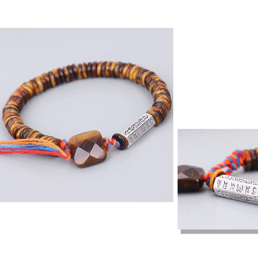 Complete om mani padme hum tiger eye bracelet set with full bead strand, square pendant, and red-blue tassel