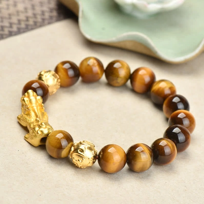 Tiger eye beaded bracelet with golden Pixiu, wealth attraction talisman