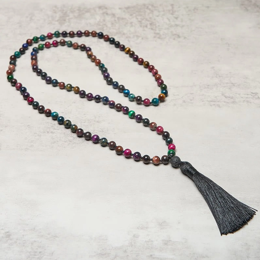 Complete 108 bead tiger eye mala stretched full length showing all beads and tassel