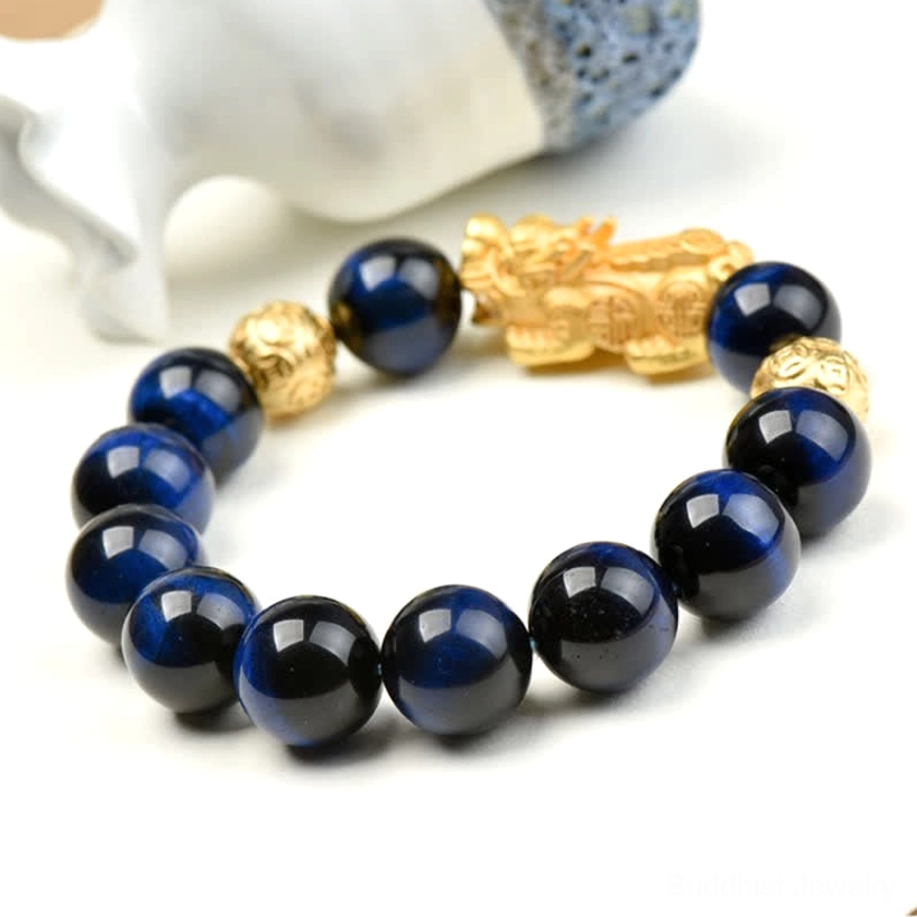 Tiger eye stone beads with golden Pixiu protective charm bracelet