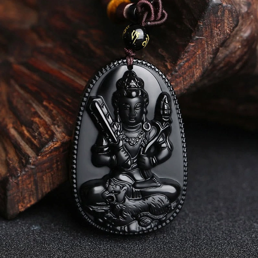 Tiger zodiac Void Bodhisattva black obsidian courageous guardian Buddha necklace