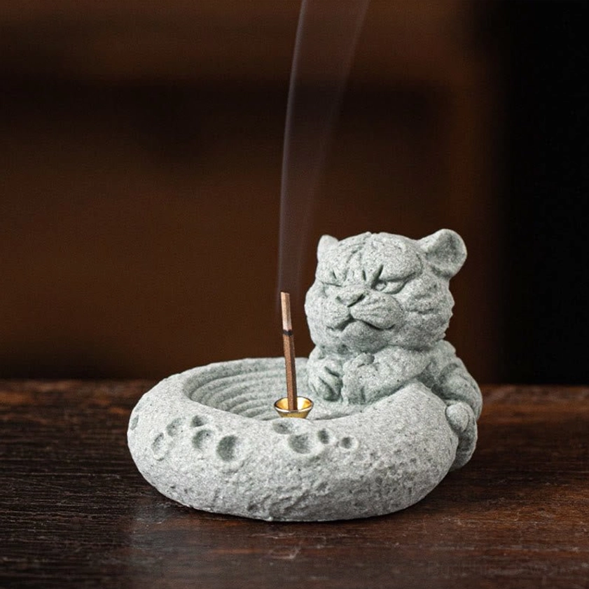 Tiger zodiac incense burner side close-up burning incense fierce tiger figurine
