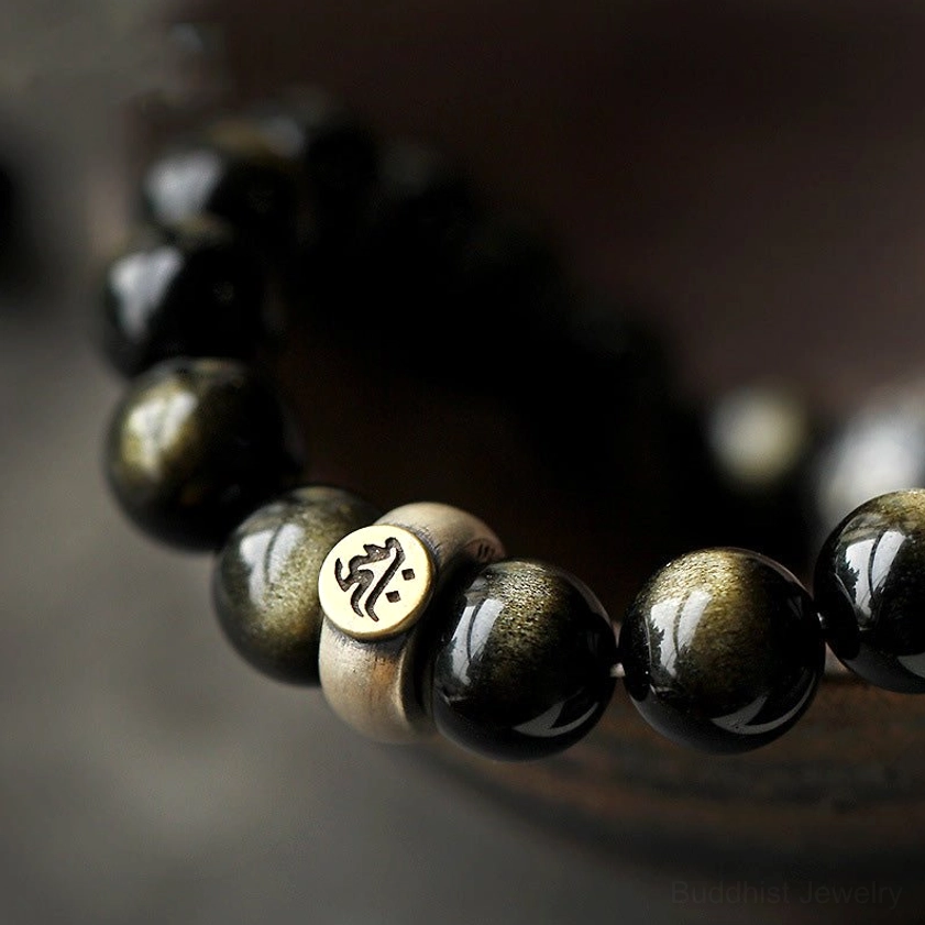 Tiger zodiac natal Buddha obsidian bracelet with protection energy and sterling silver