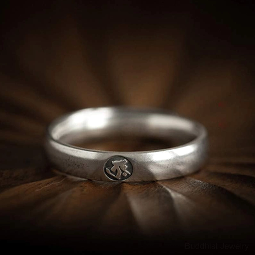 Tiger zodiac natal buddha sterling silver ring with embossed tiger emblem, adjustable open band