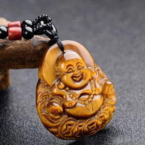 Tiger's eye laughing Buddha necklace front view with intricate carved Maitreya pendant and black beaded cord