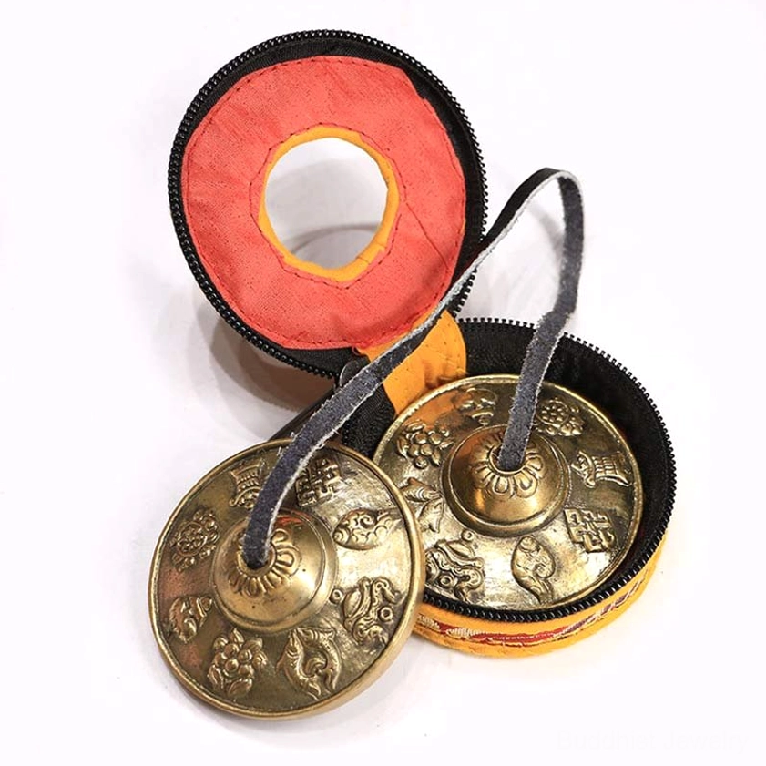 Tingsha cymbals with eight auspicious symbols design and Buddhist storage bag - meditation sound healing