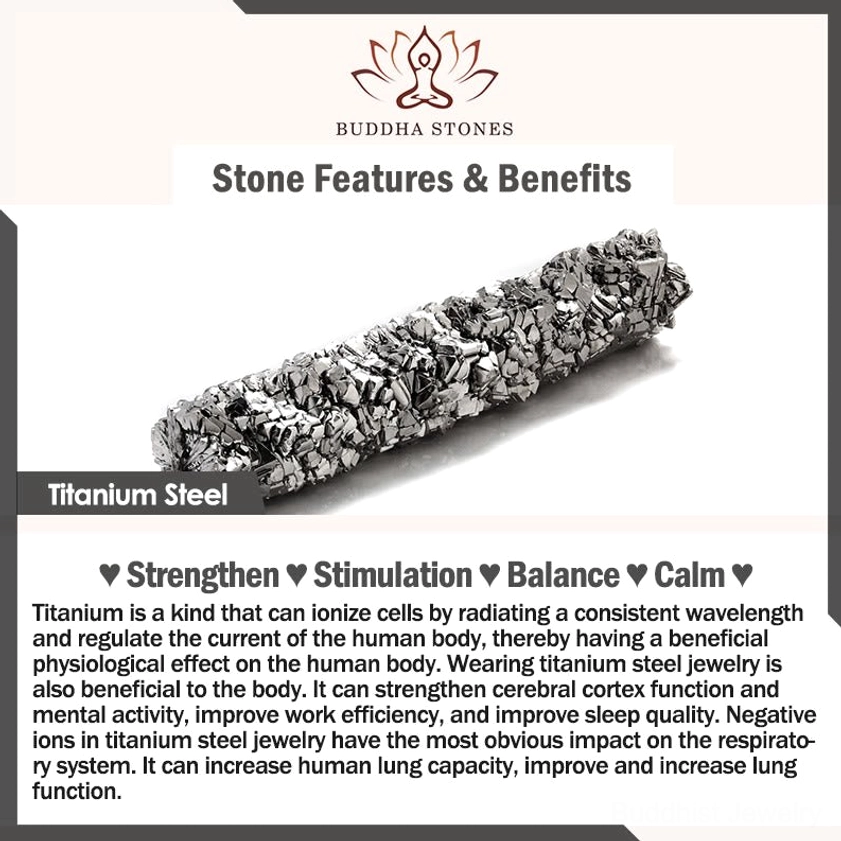 Titanium steel material benefits guide showing raw ore and wellness properties for jewelry