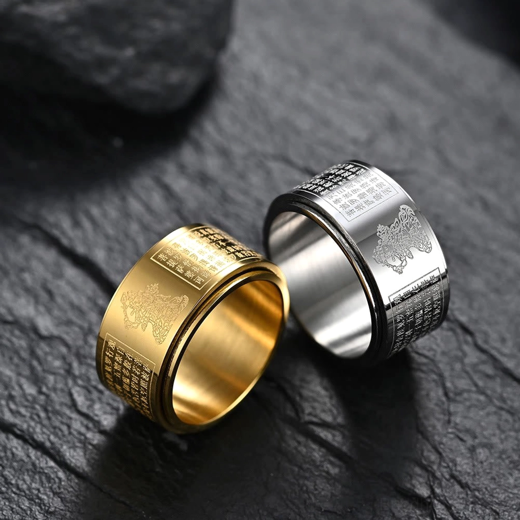 Titanium steel zodiac buddha ring with bodhisattva guardian design