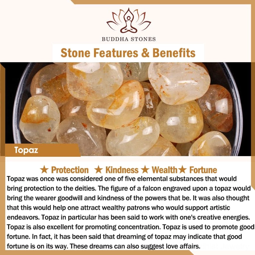 Topaz stone benefits guide card displayed with collection of topaz gemstones showing protection wealth and spiritual properties